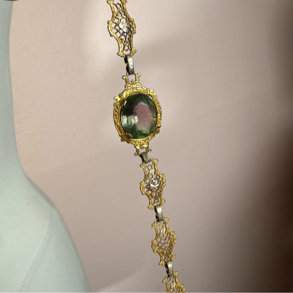 Antique Victorian Art deco Gold Filagree Green Pink iris Glass Bracelet - Picture 12 of 16